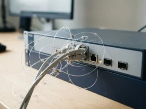 Verwirrtes Angelschnur-Gestrüpp an einem Netzwerk-Switch mit bernsteinfarbener Warnleuchte und Staubpartikeln in den Kabeln.