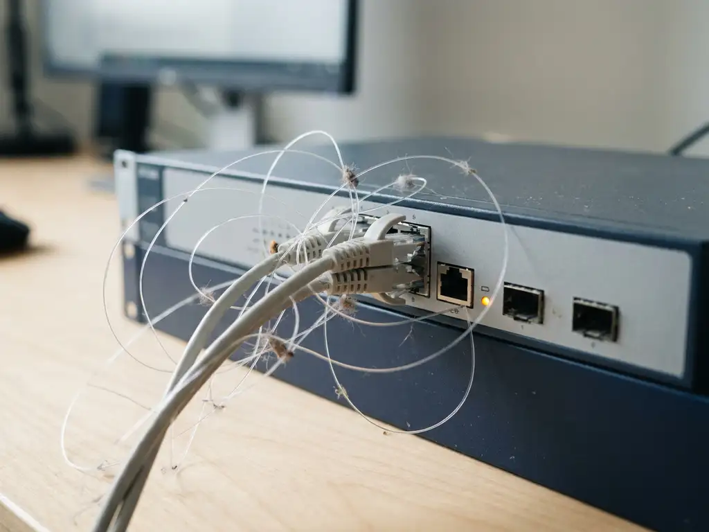 Verwirrtes Angelschnur-Gestrüpp an einem Netzwerk-Switch mit bernsteinfarbener Warnleuchte und Staubpartikeln in den Kabeln.