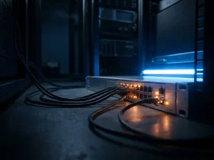 Einzelner Netzwerk-Switch mit blinkenden Bernsteinwarnlichtern auf dem Boden eines dunklen Serverraums, blaue LED-Beleuchtung.