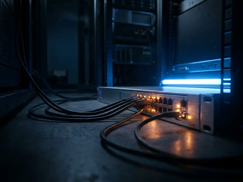 Einzelner Netzwerk-Switch mit blinkenden Bernsteinwarnlichtern auf dem Boden eines dunklen Serverraums, blaue LED-Beleuchtung.