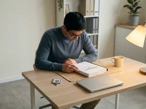 Externer Berater prüft Netzwerk-Sicherheitsaudit-Dokument am minimalistischen Schreibtisch mit Laptop und Sicherheitsausweis.