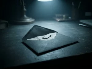 Geöffneter Briefumschlag mit Angelhaken auf dunklem Schreibtisch, symbolisiert Phishing-Angriff per E-Mail.
