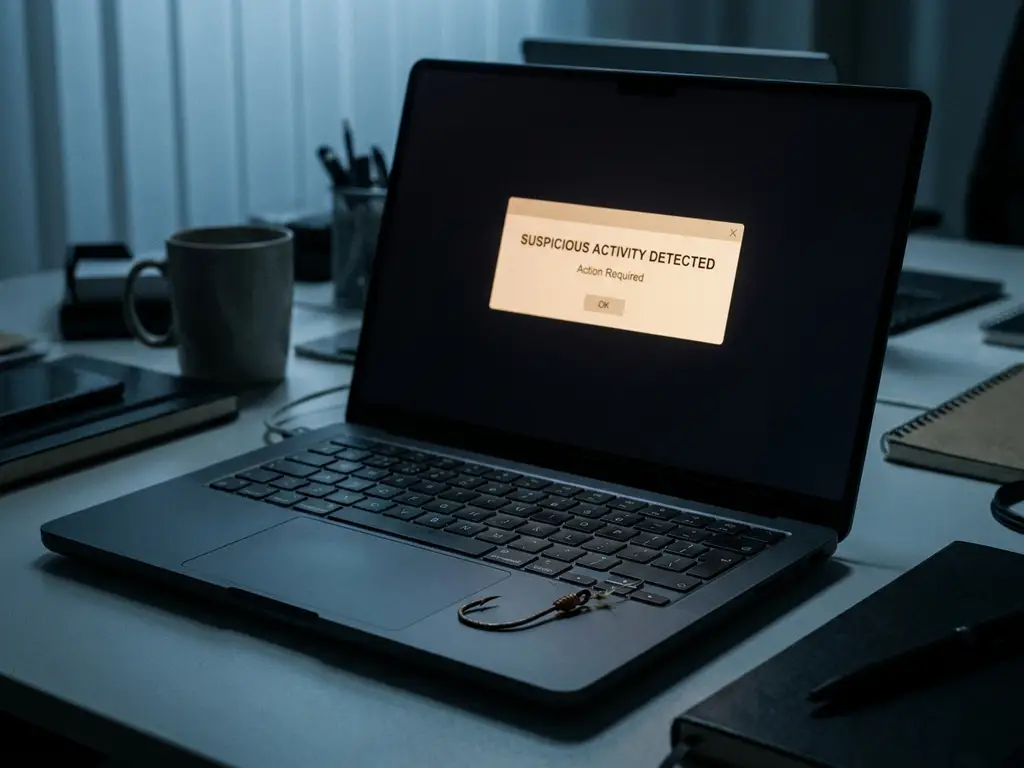 Angelhaken auf Laptop-Tastatur neben verdächtiger E-Mail, symbolisiert Phishing-Angriff im Büroumfeld.