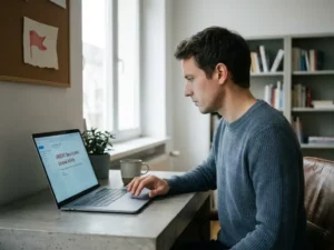 Büroangestellter hält inne vor Laptop mit verdächtiger E-Mail auf dem Bildschirm, roter Notizzettel als Warnsignal auf grauem Schreibtisch.
