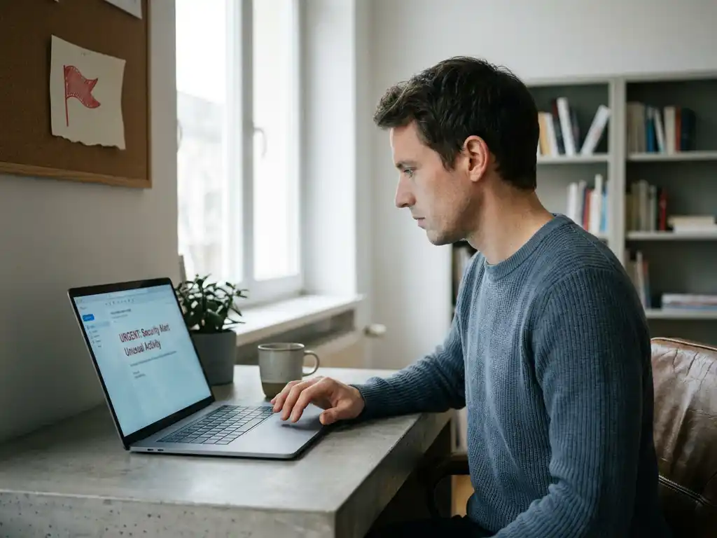 Büroangestellter hält inne vor Laptop mit verdächtiger E-Mail auf dem Bildschirm, roter Notizzettel als Warnsignal auf grauem Schreibtisch.