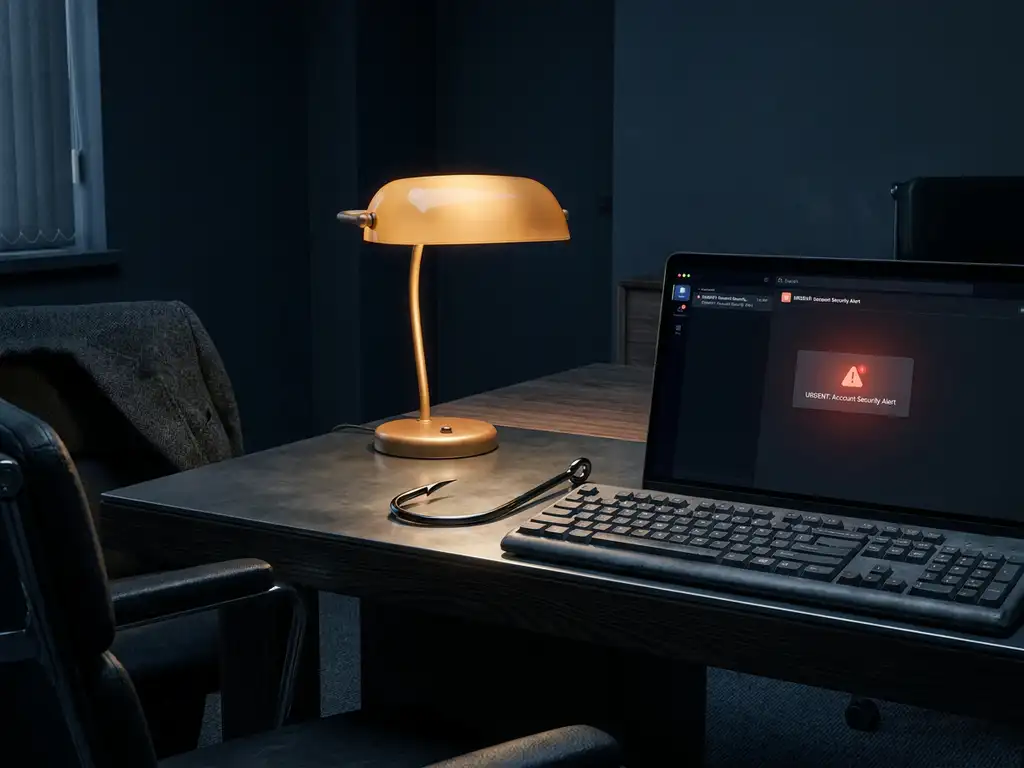 Angelhaken auf Laptop-Tastatur neben leuchtendem E-Mail-Posteingang, symbolisiert Phishing-Angriff im dunklen Büro.