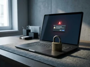Laptop mit verdächtiger E-Mail-Benachrichtigung auf dem Bildschirm, daneben ein Vorhängeschloss auf der Tastatur, modernes Büro.