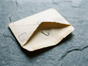 Geöffneter Regierungsumschlag auf grauem Steintisch mit einem Angelhaken im Inneren, Symbol für Phishing-Betrug.