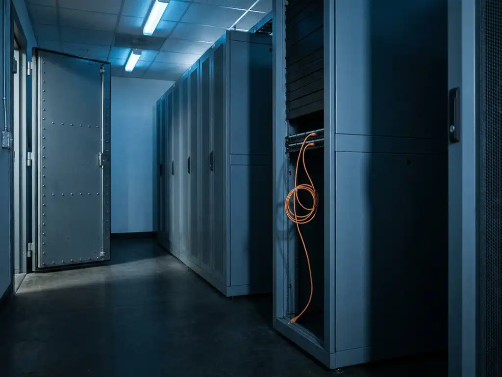 Serverraum-Korridor mit leicht geöffneter Stahltür, blauem Notlicht und hängendem Ethernet-Kabel an einem Rack-Gehäuse.