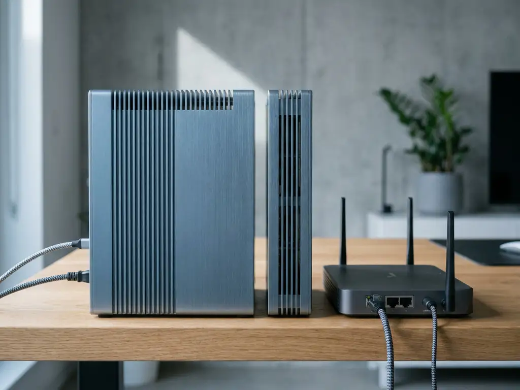 Server-Appliance mit sichtbarem Air Gap neben einem Netzwerk-Router auf einem Schreibtisch, stahlblaue und anthrazitfarbene Töne.