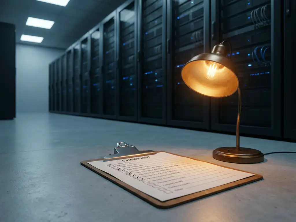Auditor-Klemmbrett mit Checkliste auf dem Boden eines Serverraums, im Hintergrund eine Reihe schwarzer Netzwerk-Racks.