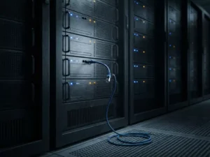 Einzelnes Server-Rack im dunklen Rechenzentrum mit blau-bernsteinfarbenen LED-Lichtern und herabhängendem, getrenntem Ethernet-Kabel.