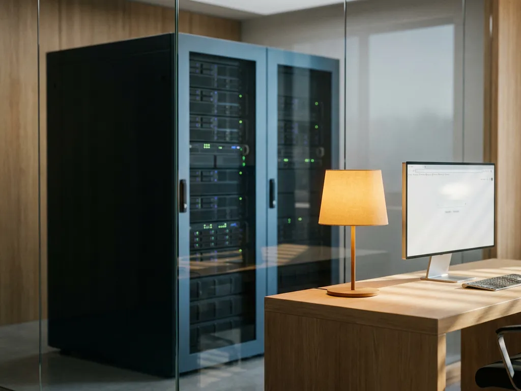 Server-Rack hinter einem minimalistischen Büroarbeitsplatz, getrennt durch eine Glasscheibe, beleuchtet von einer warmen Schreibtischlampe.