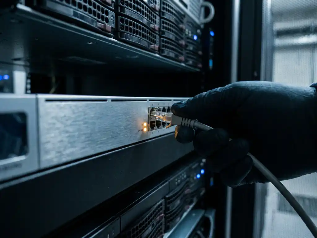 Ethernet-Kabel wird in einen Netzwerk-Switch eines Server-Racks im Rechenzentrum gesteckt, warmes Amberlicht.