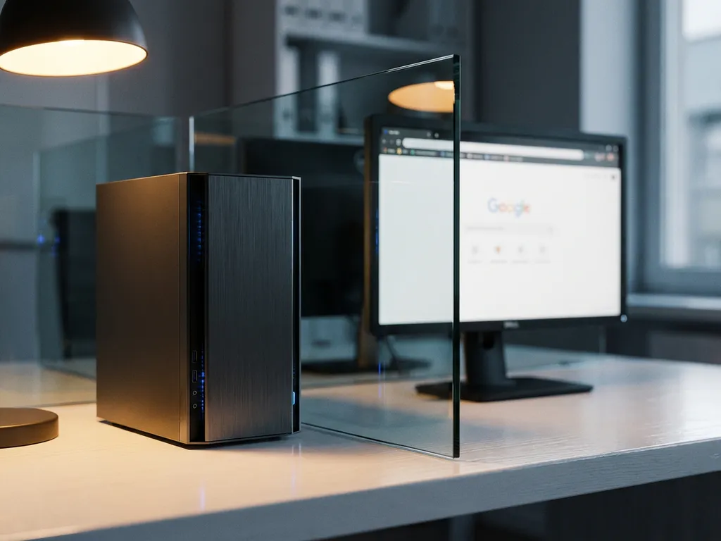Server-Tower auf weißem Schreibtisch, durch Glasscheibe von Monitor mit Browser getrennt, stahlblaue und bernsteinfarbene Beleuchtung.