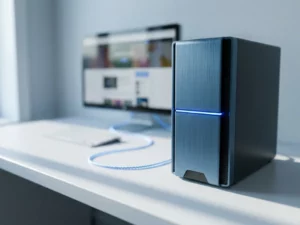 Schlanker Server-Tower auf weißem Schreibtisch, verbunden mit Monitor über leuchtendes Kabel, kühle Stahltöne, flache Schärfentiefe.