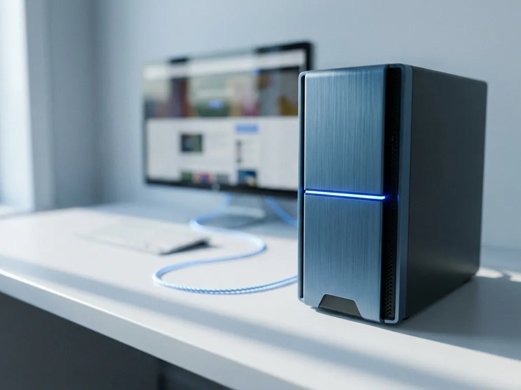 Schlanker Server-Tower auf weißem Schreibtisch, verbunden mit Monitor über leuchtendes Kabel, kühle Stahltöne, flache Schärfentiefe.