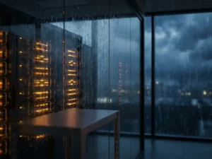 Gehärtete Glaswand trennt leuchtenden Serverrack von stürmischem Außenbereich, Regentropfen und warmes Bernsteinlicht reflektieren auf der Oberfläche.