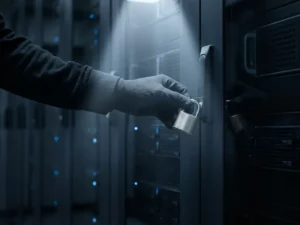 Behandschuhte Hand befestigt kleines Vorhängeschloss an dunklem Server-Rack – Symbolbild für Rechenzentrumssicherheit.
