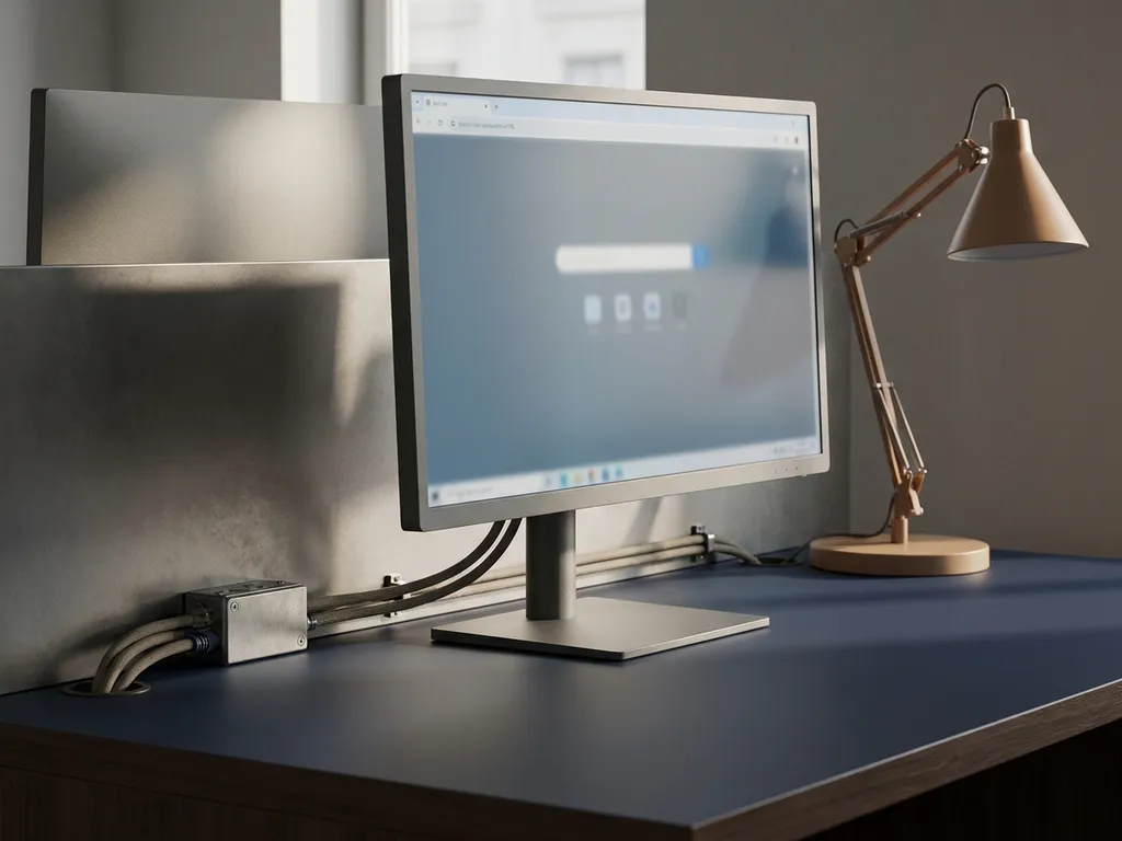 Regierungs-Workstation mit Monitor und sichtbarem Air Gap zwischen Netzwerkkabeln auf minimalistischem Schreibtisch in Marineblau und Grautönen.