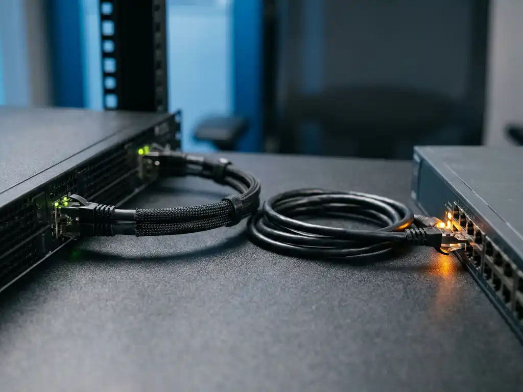 Zwei Ethernet-Kabel am Server-Rack: eines sicher verlegt, eines lose hängend mit leuchtendem Amber-Warnsignal am Port.