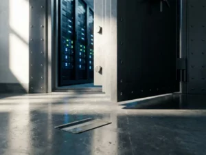Schwer gesicherte Serverraum-Tür leicht geöffnet mit blau leuchtenden Server-Racks, Zugangskarte auf Betonboden im Vordergrund.
