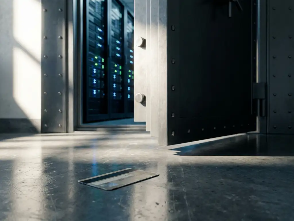 Schwer gesicherte Serverraum-Tür leicht geöffnet mit blau leuchtenden Server-Racks, Zugangskarte auf Betonboden im Vordergrund.