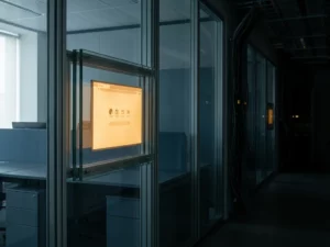 Verstärkter Glaswall trennt modernen Bürobereich mit isoliertem Browser-Fenster vom dunklen Netzwerk dahinter, Stahlblau und Bernsteinlicht.