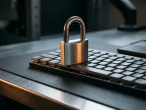 Schweres Stahlvorhängeschloss auf moderner Tastatur, symbolisiert digitale Sicherheit und Datenschutz, dunkler Hintergrund.