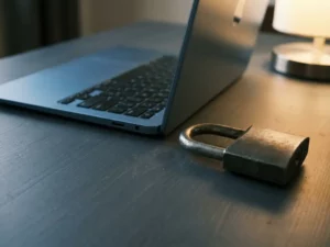 Vorhängeschloss auf einem Büroschreibtisch neben einem halb geöffneten Laptop, symbolisiert unvollständigen Datenschutz.
