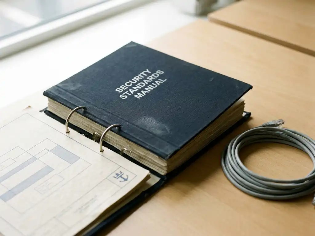Aufgeschlagenes Sicherheitsstandards-Handbuch auf einem Schreibtisch neben einem aufgerollten Ethernet-Kabel und einem BSI-Dokument.