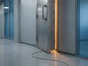 Schwere Stahltür leicht geöffnet in modernem Büroflur, Ethernet-Kabel verschwindet darunter, warmes Licht dringt durch den Spalt.