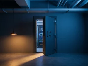 Schwere Stahltür eines Serverraums halb geöffnet, dahinter blinkende Rack-Server in kühlem Blaulicht, Betonboden mit warmem Lichtstrahl.