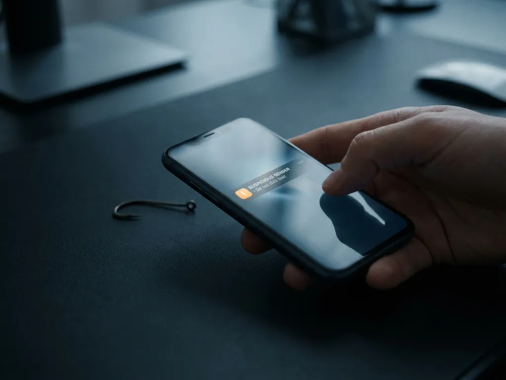 Hand hält Smartphone mit verdächtiger SMS-Warnung; Angelhaken auf dunklem Schreibtisch als Phishing-Symbol, Bernsteinlicht.