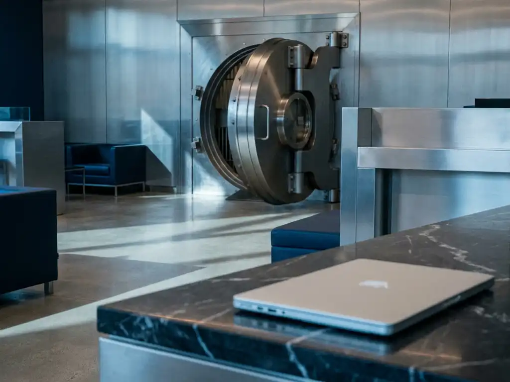Leicht geöffnete Stahltresor-Tür in modernem Bankinterieur mit Laptop auf poliertem Marmor im Vordergrund.