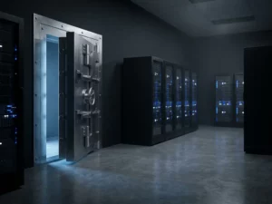 Leicht geöffnete Stahltresor­tür in einem modernen Server­raum mit blauem Ambient­licht auf poliertem Betonboden.