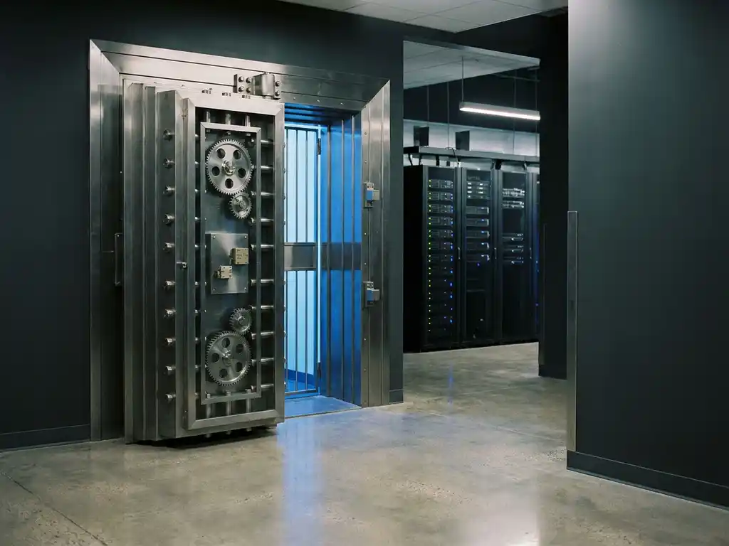 Schwere Stahltresor-Tür halb geöffnet in modernem Serverraum-Korridor mit blauem Umgebungslicht und schwarzen Rack-Servern im Hintergrund.