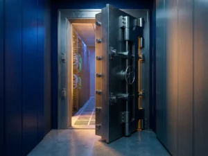 Halb geöffnete Stahltresortür in einem Serverraum-Korridor mit warmem Bernsteinlicht und blauen Netzwerkkabelregalen im Hintergrund.