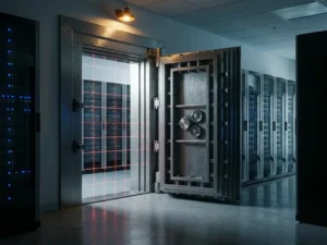 Stählerne Tresortür leicht geöffnet in modernem Serverraum, rote Sicherheitslinien an der Schwelle gestoppt, Umgebungslicht in Bernstein.
