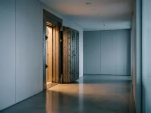 Schwere Stahltresor-Tür halb geöffnet in modernem Büroflur, warmes Licht fällt durch den Spalt auf polierten Betonboden.