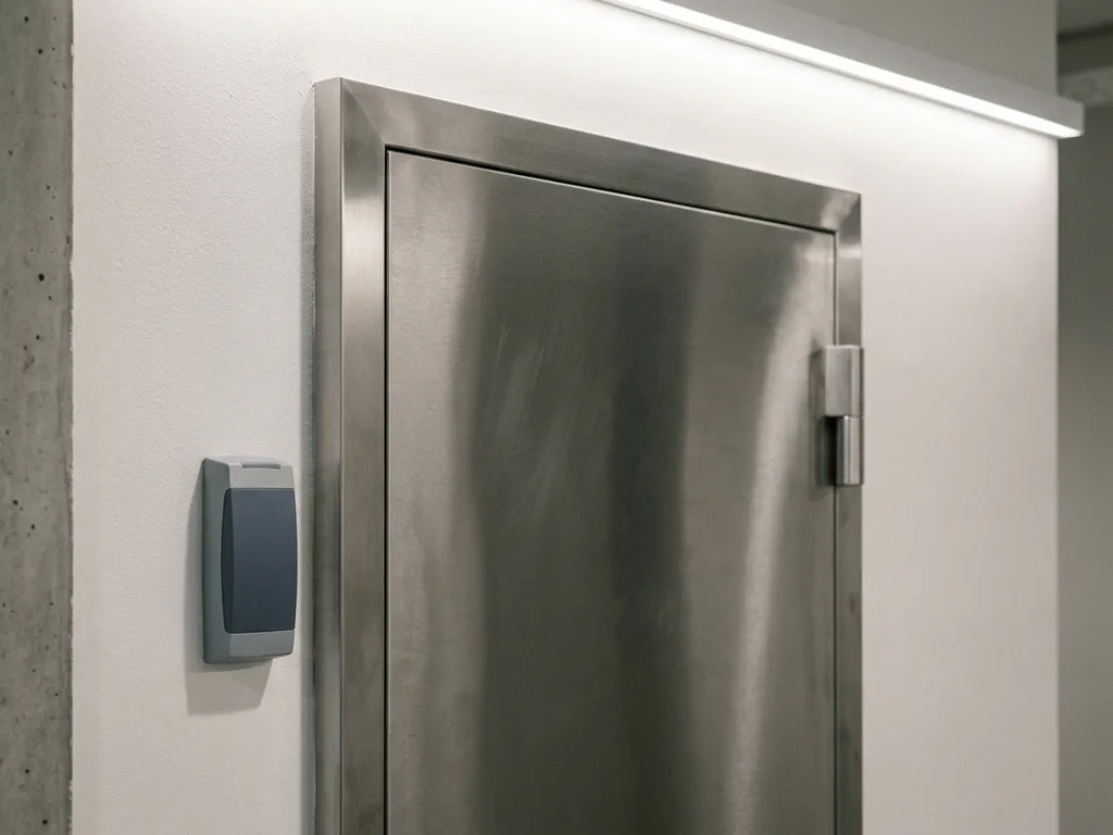 Schwere Stahltresor-Tür in weißer Bürowand mit modernem Kartenlesegerät, kühle Grau- und Marineblautöne, diffuses Deckenlicht.