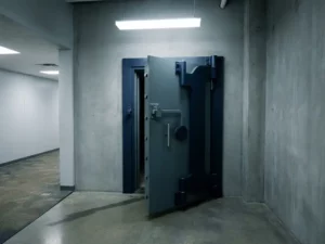 Schwere Stahltresorür leicht geöffnet in einem minimalistischen Behördenflur mit Betonwänden und Neonlicht.