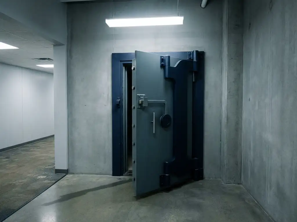 Schwere Stahltresorür leicht geöffnet in einem minimalistischen Behördenflur mit Betonwänden und Neonlicht.