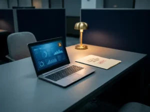 Unbeaufsichtigter Laptop auf Büroschreibtisch mit blauem Bildschirmlicht neben einem offiziellen Dokument, das auf Compliance-Risiken hinweist.