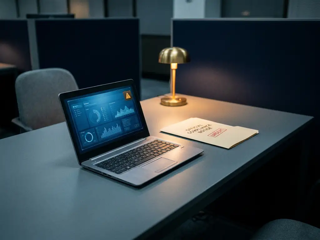 Unbeaufsichtigter Laptop auf Büroschreibtisch mit blauem Bildschirmlicht neben einem offiziellen Dokument, das auf Compliance-Risiken hinweist.