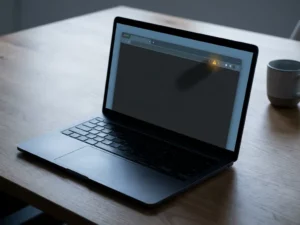 Verdächtige Browser-Erweiterung auf einem Firmen-Laptop mit bedrohlichem Schatten und ambernem Warnsignal.