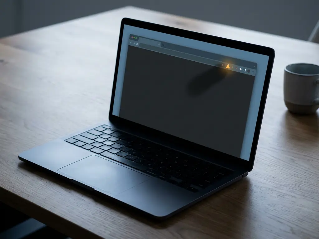 Verdächtige Browser-Erweiterung auf einem Firmen-Laptop mit bedrohlichem Schatten und ambernem Warnsignal.