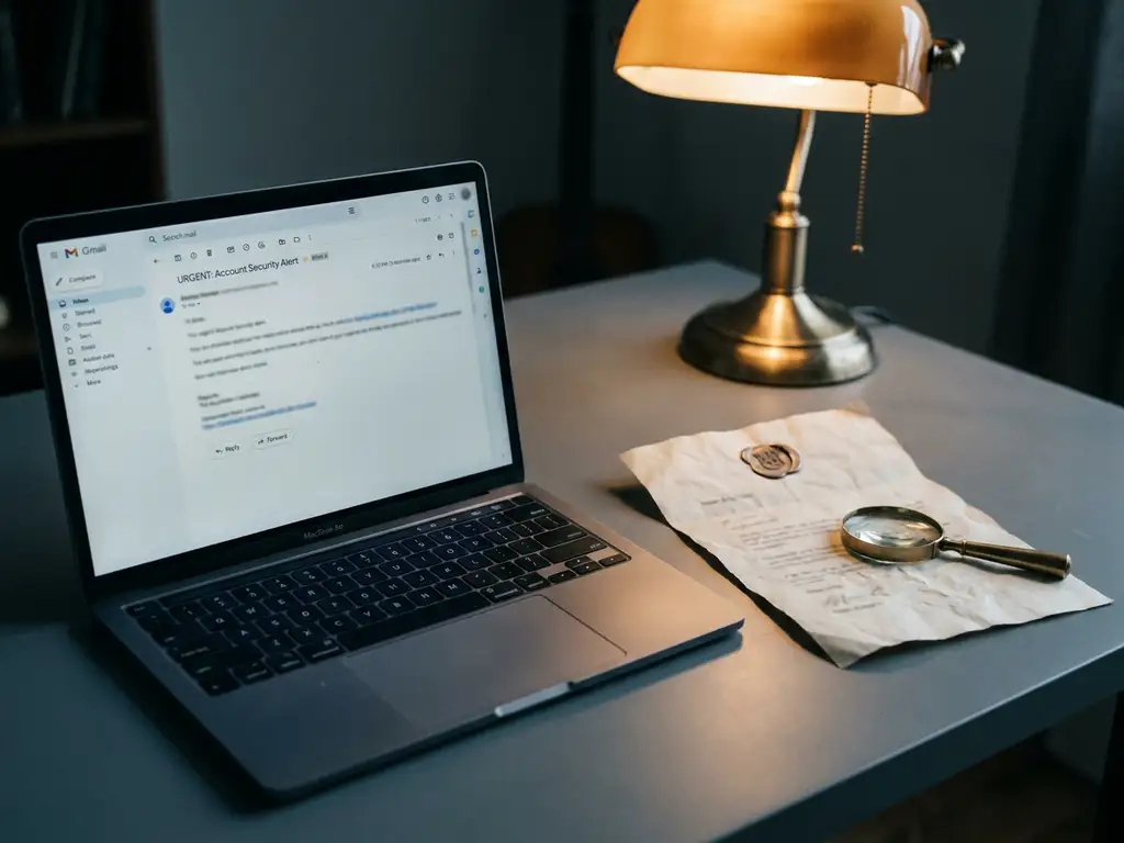 Laptop mit geöffneter verdächtiger E-Mail neben gefälschtem Behördenbrief und Lupe auf grauem Schreibtisch.
