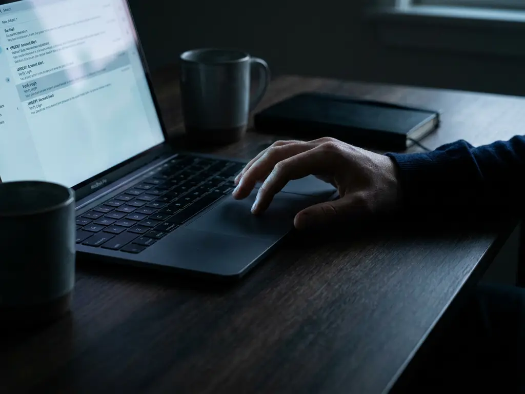 Hand zögert über Laptop-Trackpad, Bildschirm zeigt verdächtige E-Mail, dramatische Beleuchtung unterstreicht Phishing-Gefahr.
