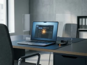 Laptop mit verdächtiger E-Mail in blauem Bildschirmlicht, transparente Schutzbarriere, minimalistischer Arbeitsplatz mit Amber-Warnton.